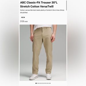 Lululemon ABC Classic-Fit Trouser 30"L 32”W
Stretch Cotton VersaTwill